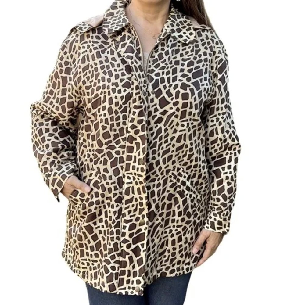 Dennis Basso Silk Brown Giraffe Quilted Lining Detachable Hood Jacket wmns XL